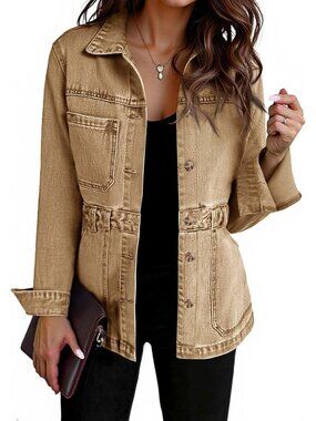 Women's Khaki Denim Distressed Jean Jacket Oversized Button Down Front Jacket
